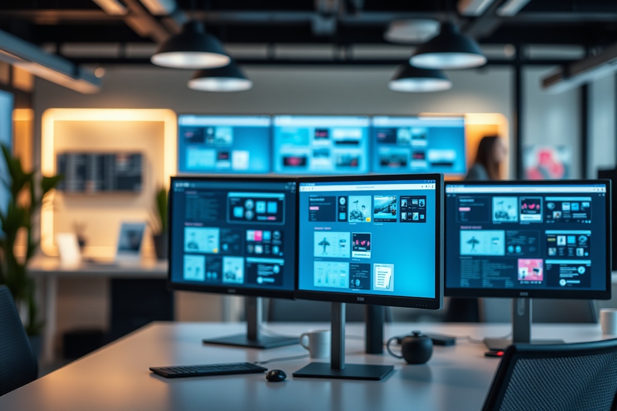 Agency design team collaborating on a shared interface project with IconSphere icon sets open on multiple monitors